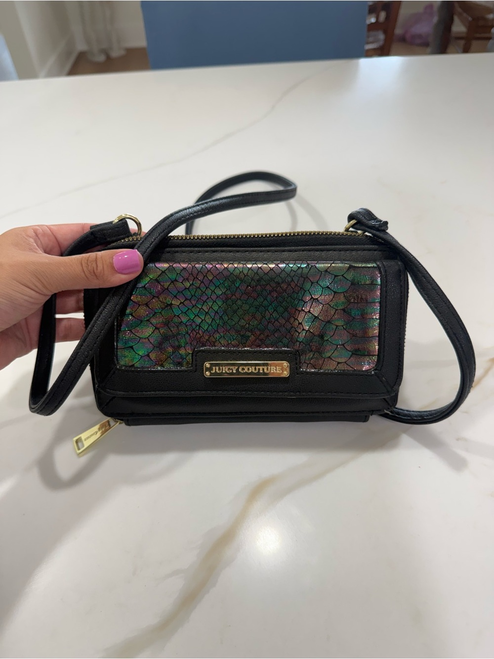 Juicy Couture Black Crossbody with Iridescent Snake-Effect Panel